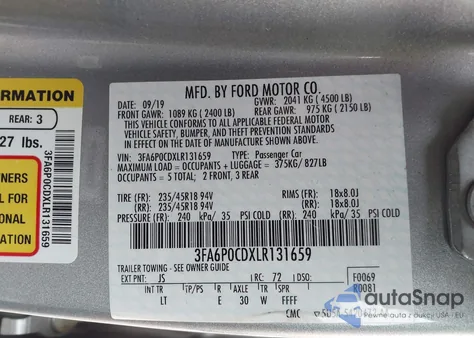 2020 Ford Fusion Sel z USA, uszkodzony, nr VIN 3FA6P0CDXLR131659